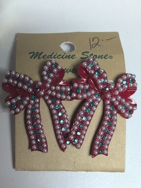 Red Bow Festive Earrings with Pearls and Teal Rhinestones